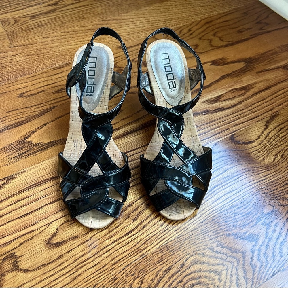 Moda strappy black wedges, size 7